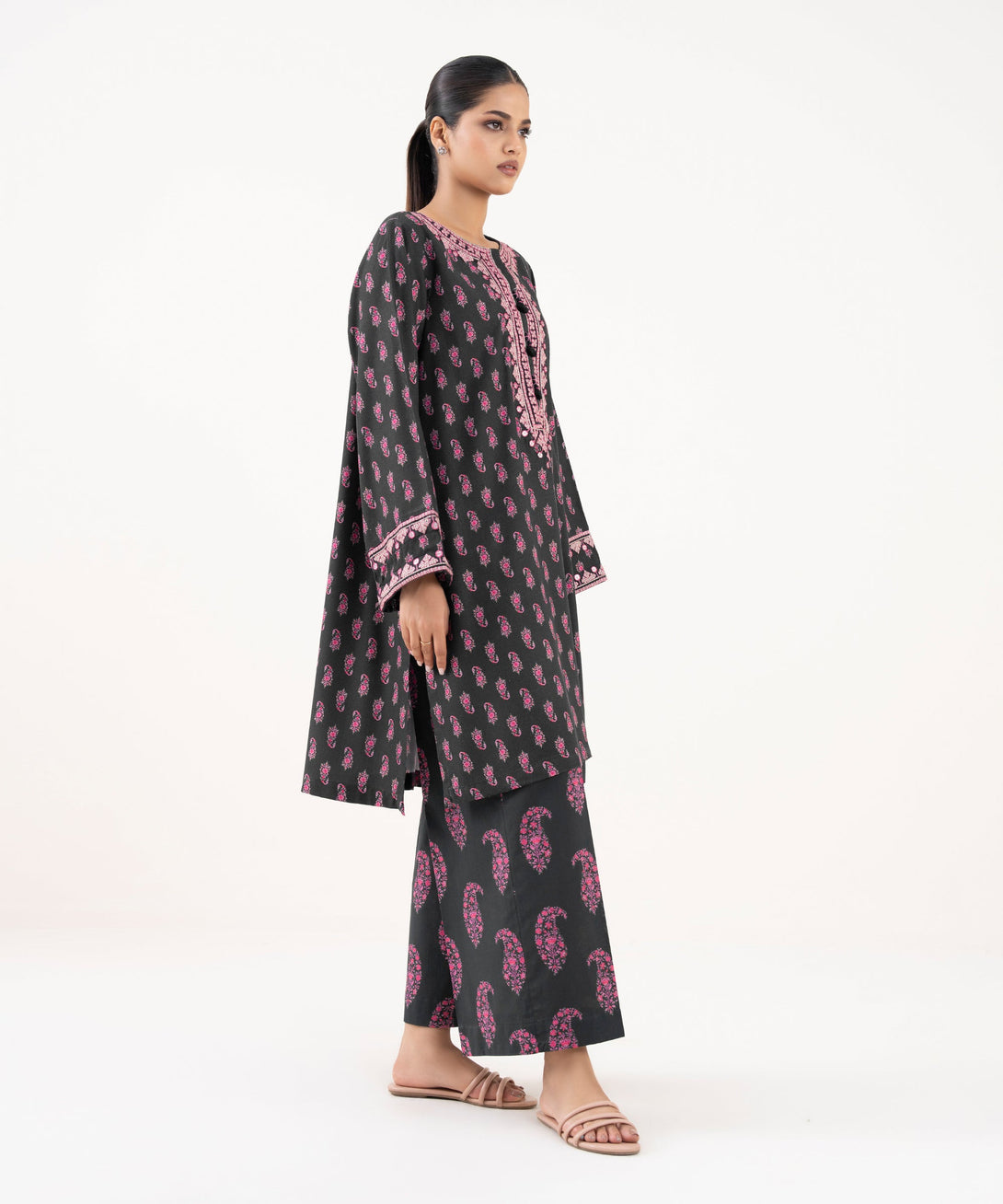 Women's RTW Lawn Viscose Black Embroidered A-Line Shirt