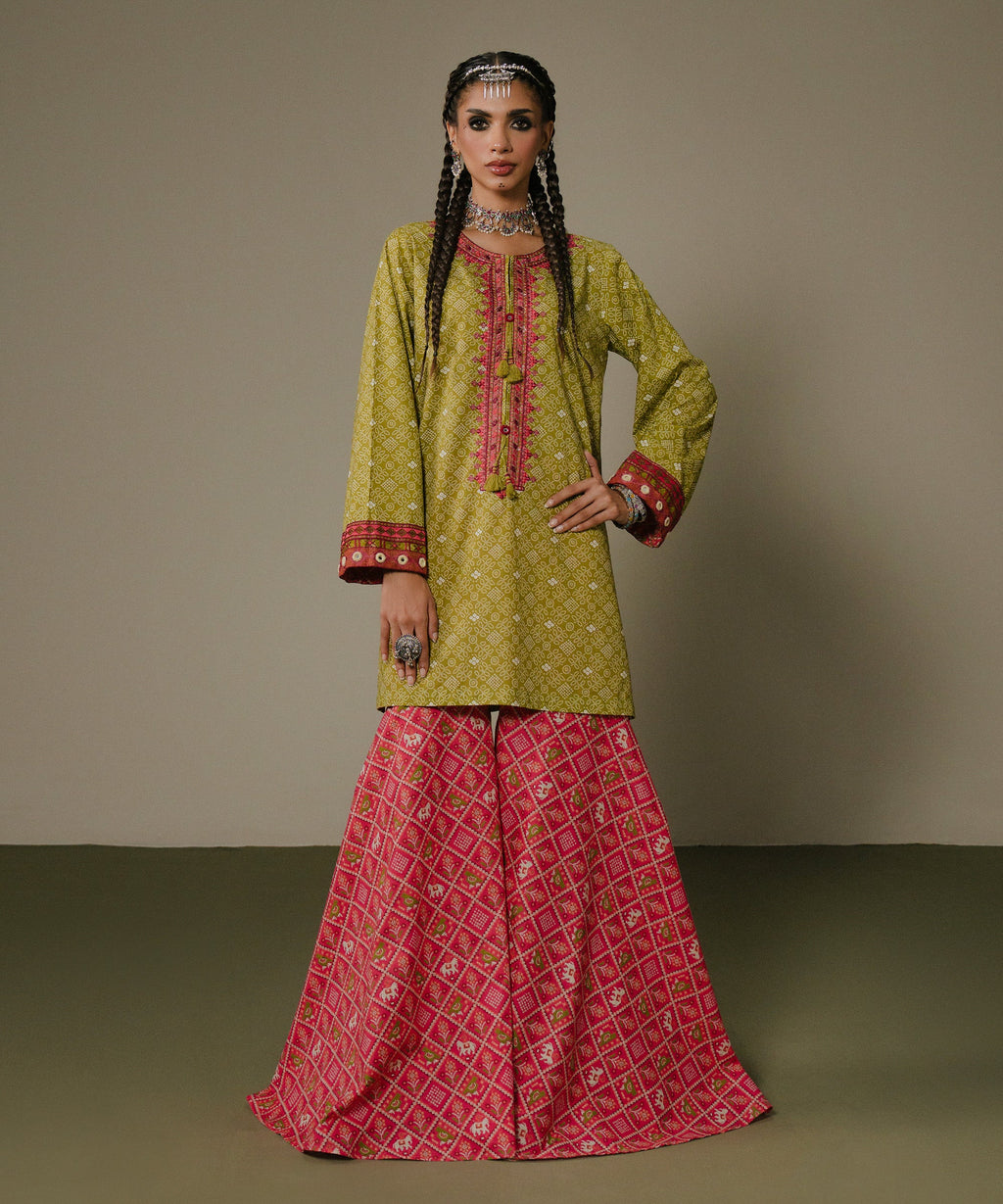 Women's RTW Cambric Green Embroidered A-Line Shirt