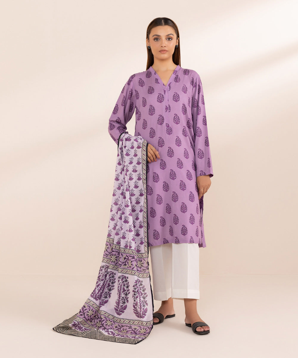 Textured Voile Purple Printed Dupatta