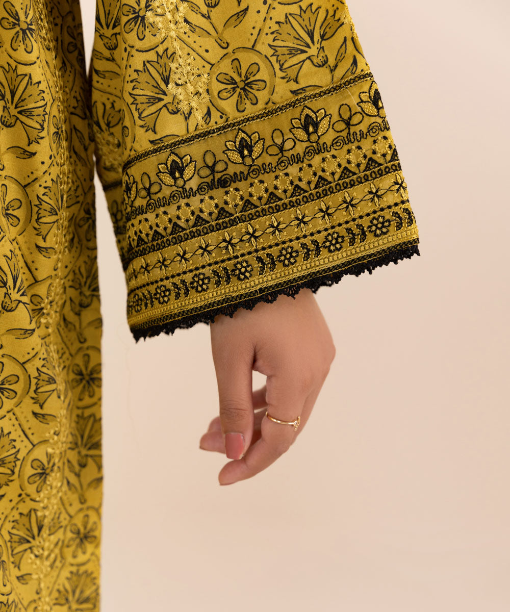 Women's Pret Textured Lawn Yellow Printed Embroidered Boxy Shirt