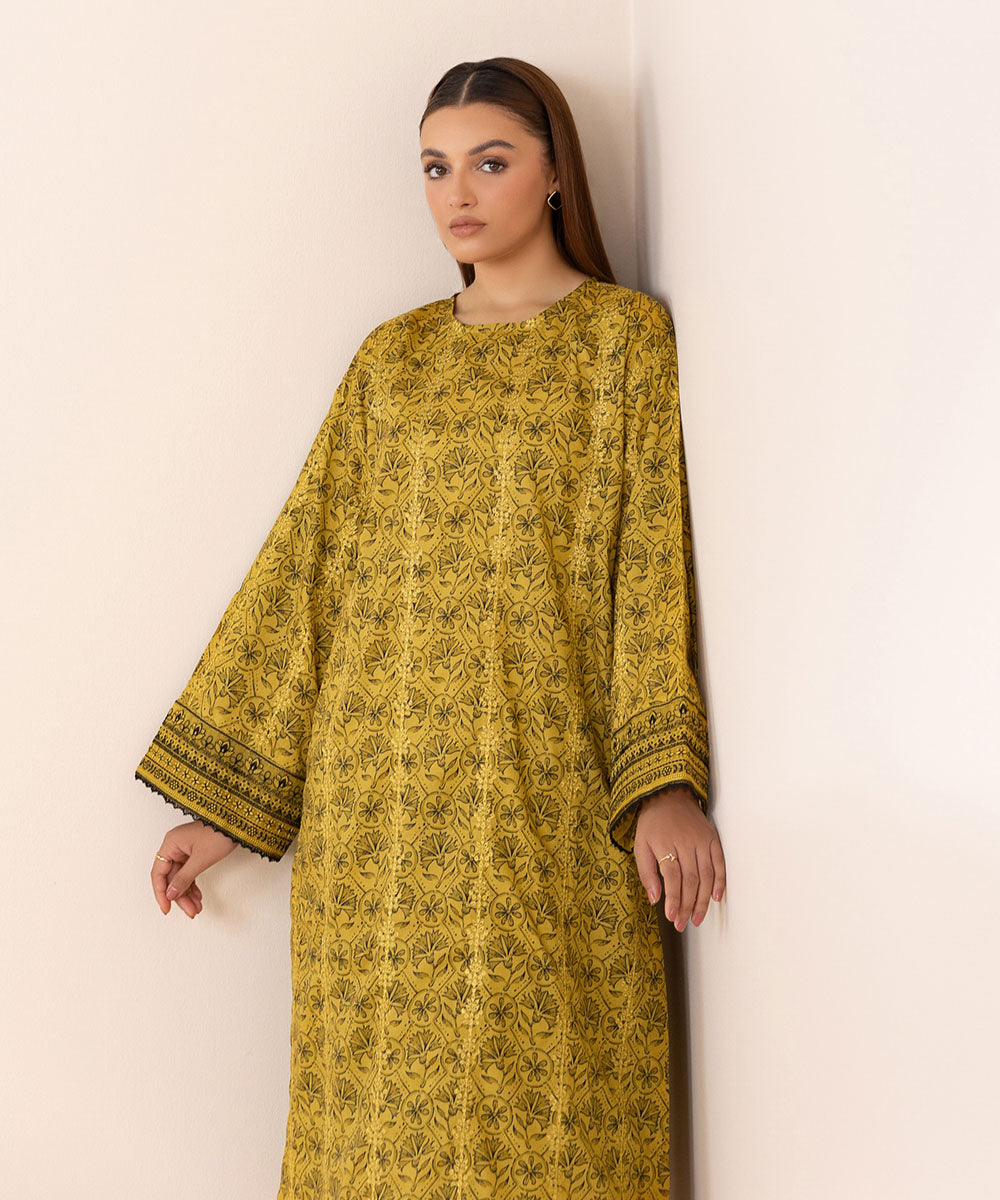 Women's Pret Textured Lawn Yellow Printed Embroidered Boxy Shirt