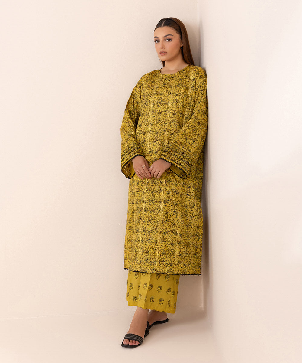 Women's Pret Textured Lawn Yellow Printed Embroidered Boxy Shirt