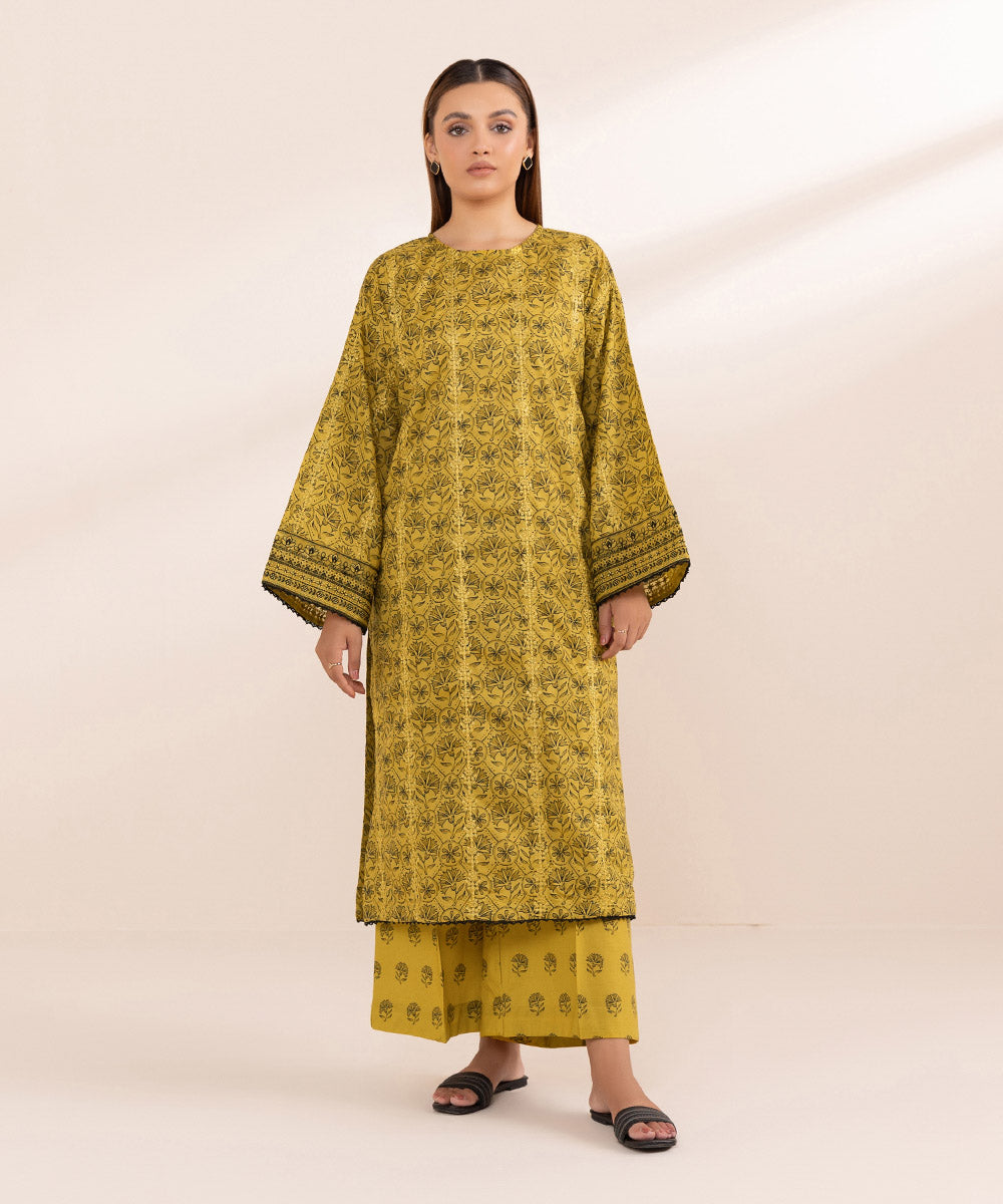 Women's Pret Textured Lawn Yellow Printed Embroidered Boxy Shirt