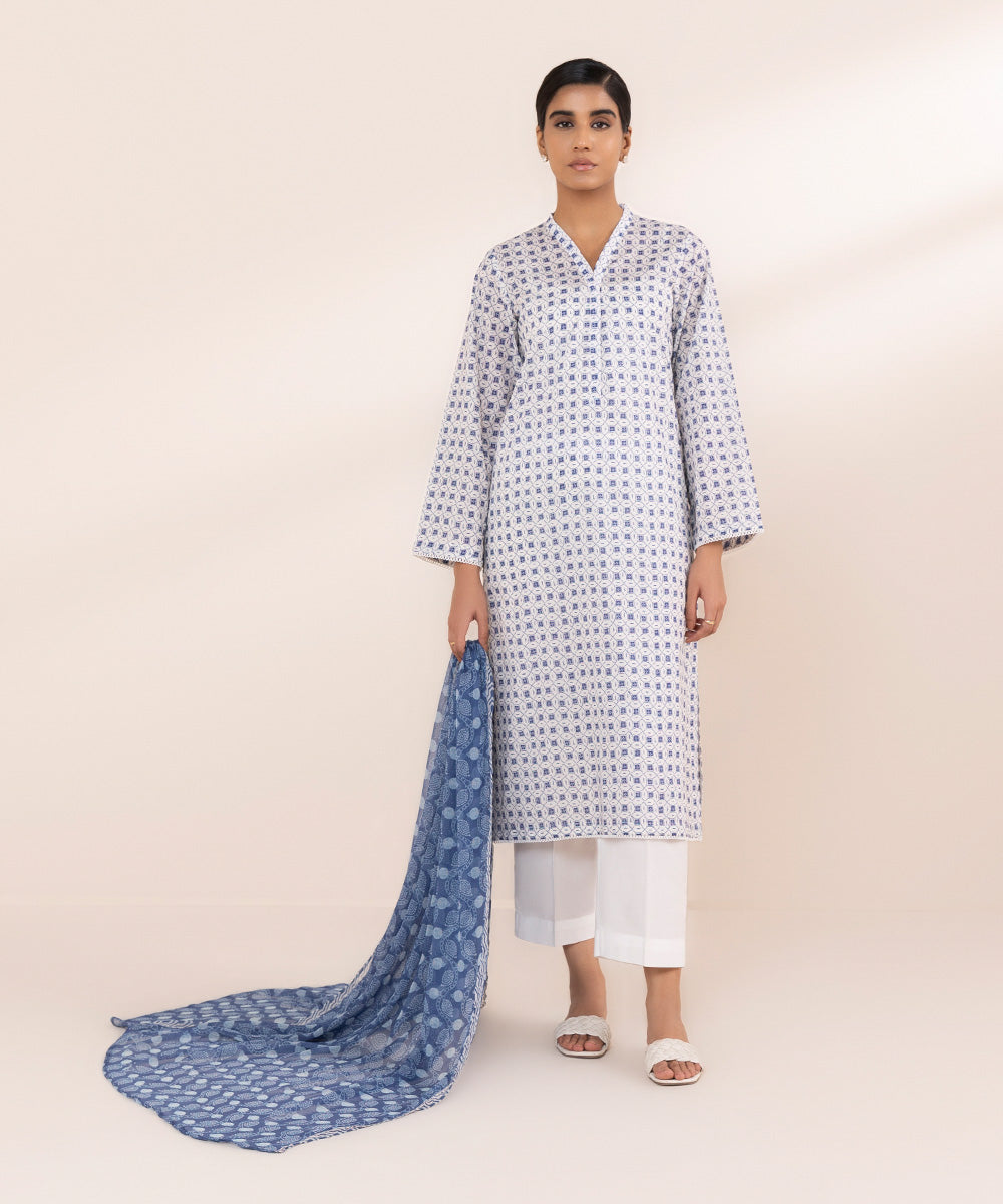 Blended Chiffon Blue Printed Dupatta