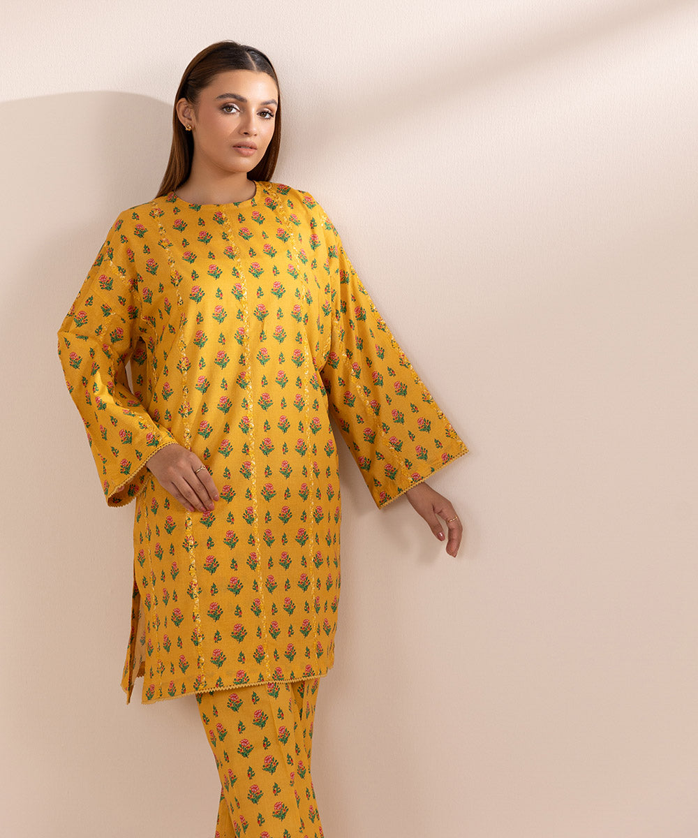 Women's Pret Lawn Yellow Printed Embroidered Boxy Shirt