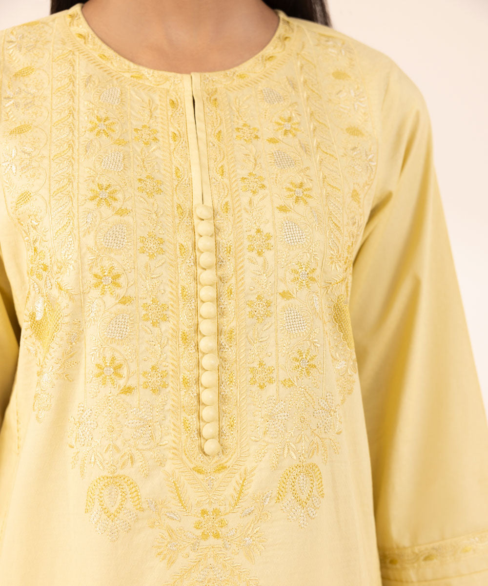 Women's Pret Dobby Yellow Solid Embroidered A-Line Shirt