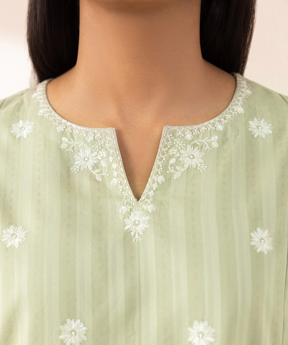 Women's Pret Dobby Green Solid Embroidered A-Line Shirt