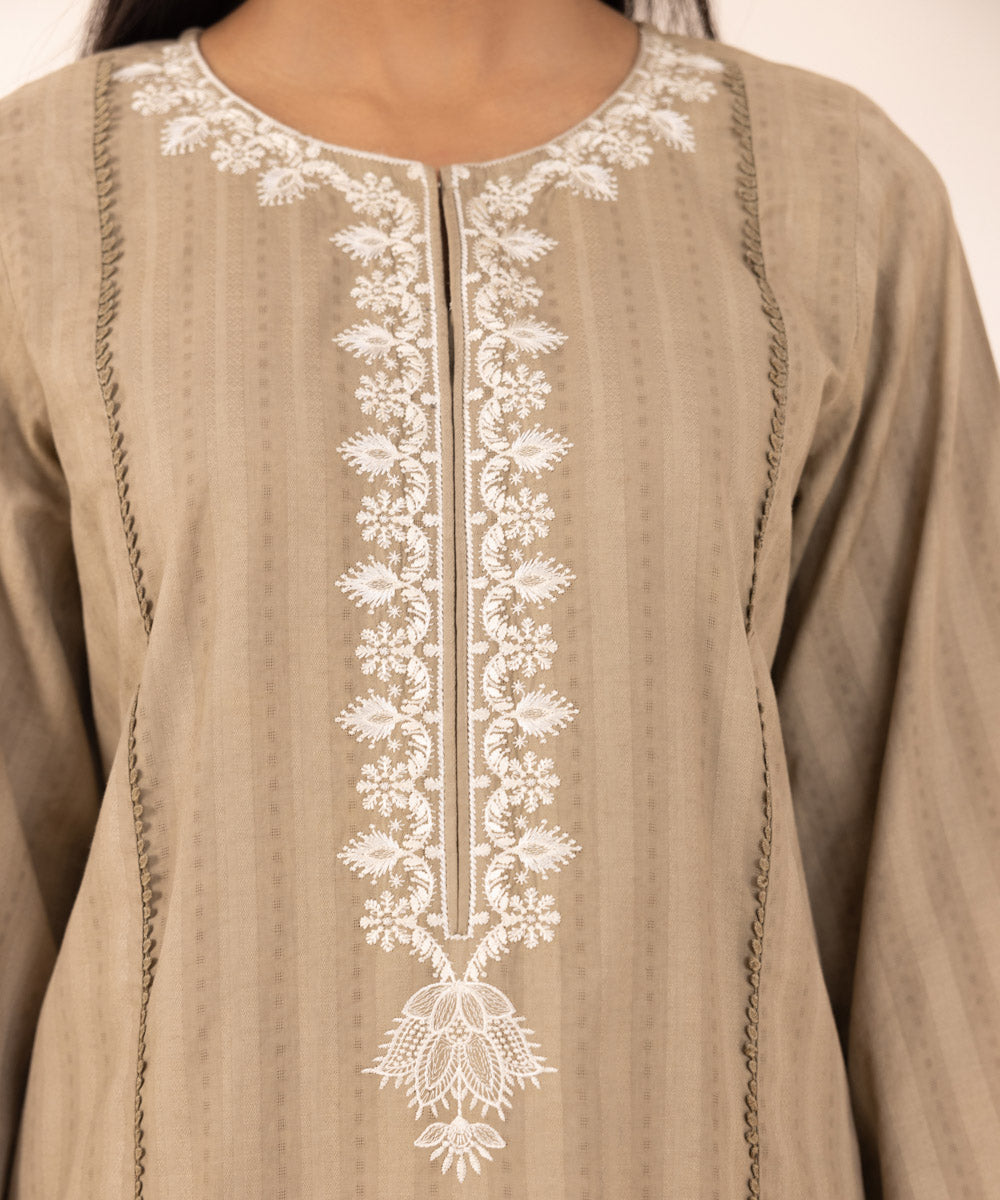 Women's Pret Dobby Beige Solid Embroidered A-Line Shirt