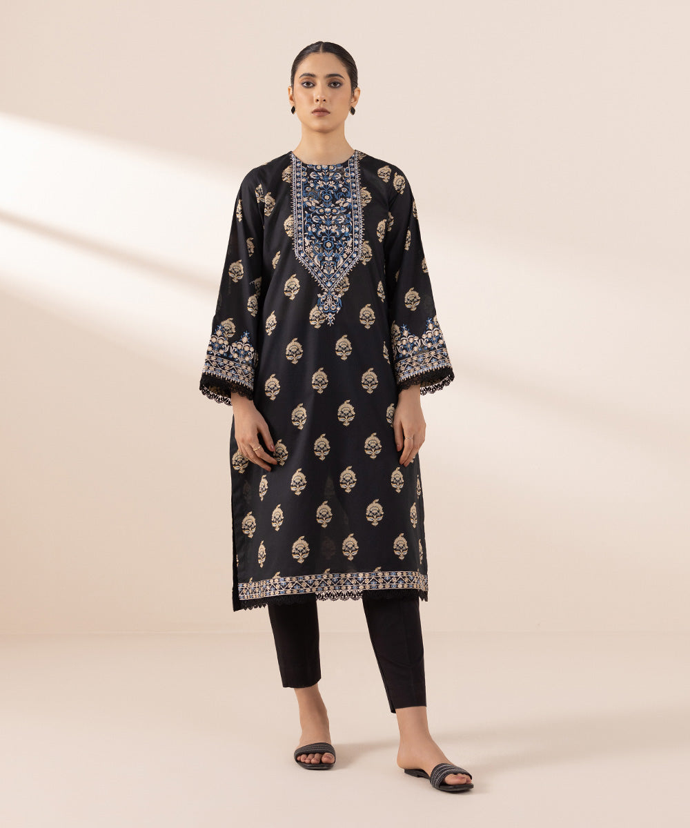 Women's Pret Lawn Black Printed Embroidered A-Line Shirt