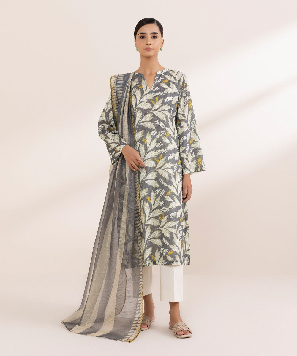 Women's Blended Raw Net Grey Printed Dupatta