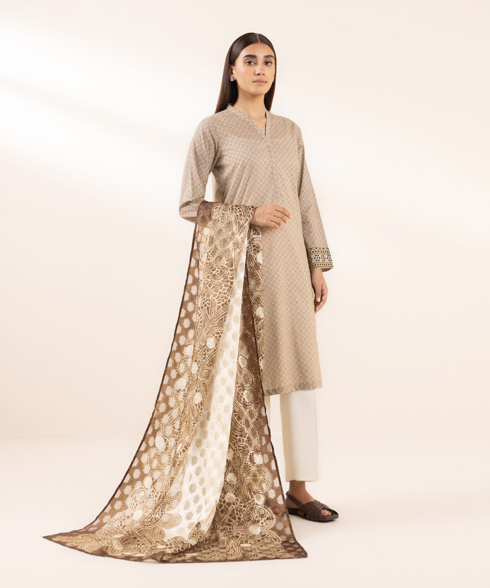 Women's Brochea Jacquard Brown Printed Dupatta