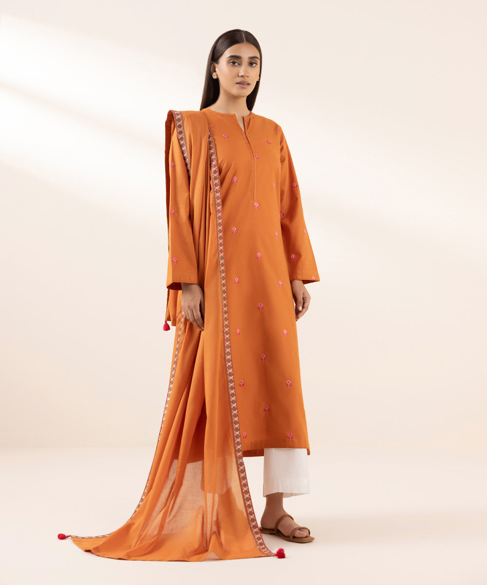 Women's Fine Voile Orange Embroidered Dupatta