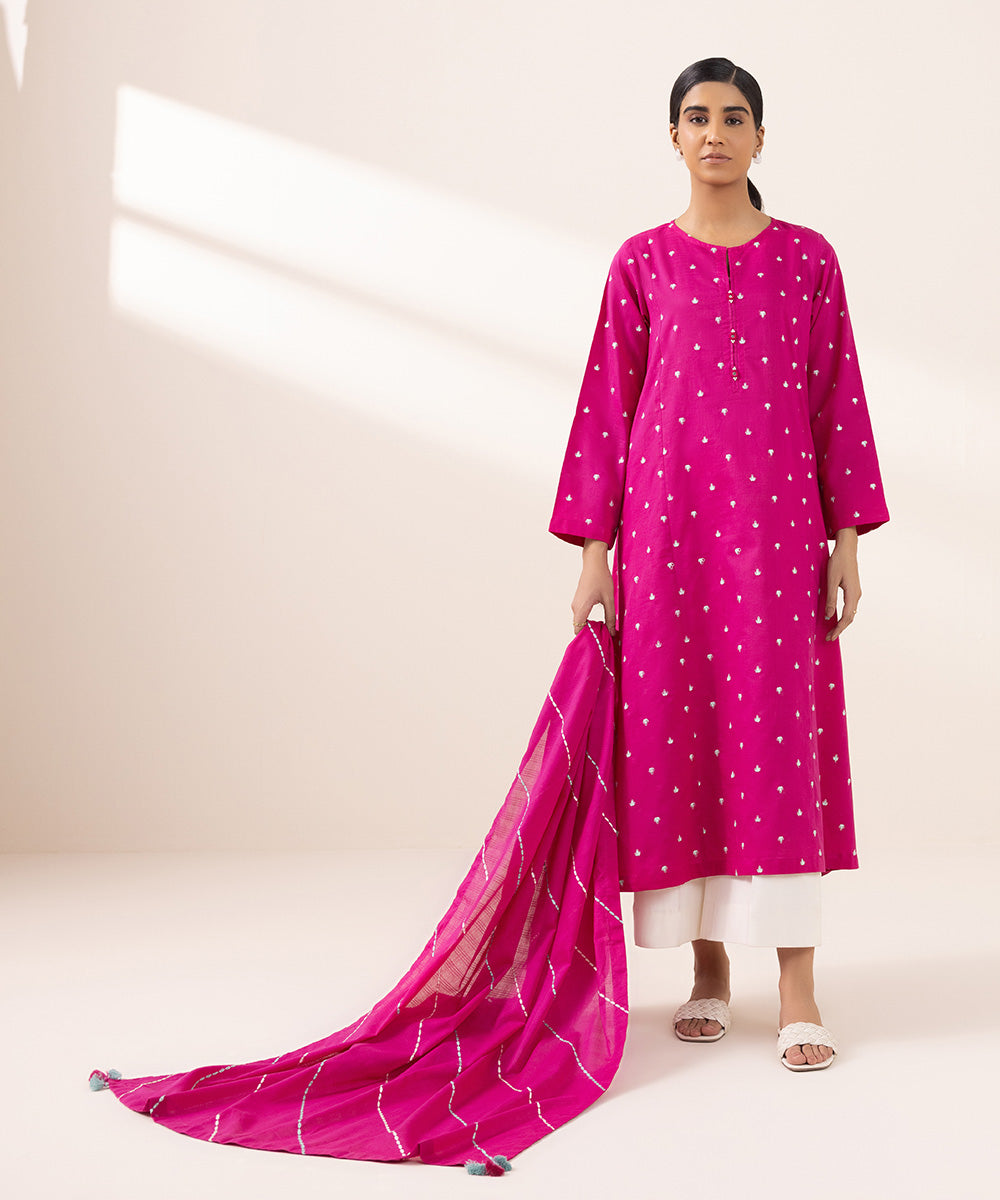 Women's Textured Voile Pink Embroidered Dupatta