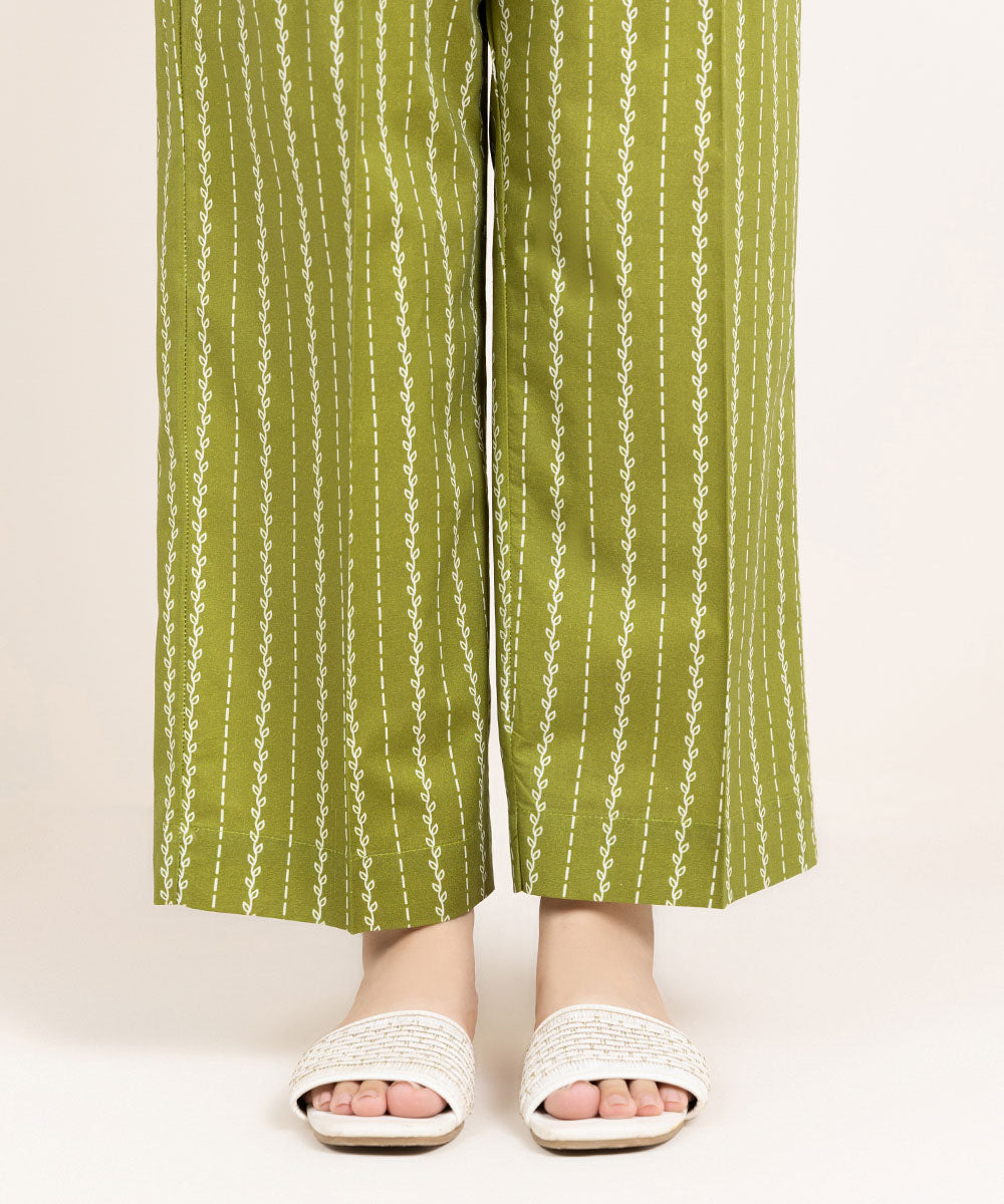 Women's Pret Cambric Printed Green Straight Pants