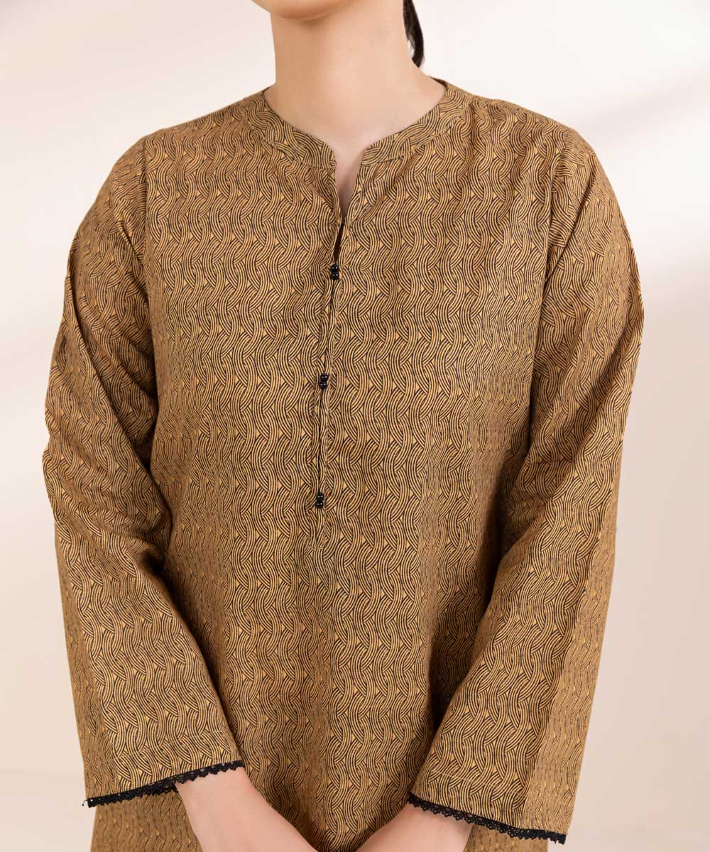 Women's Pret Textured Lawn Printed Brown A-Line Shirt