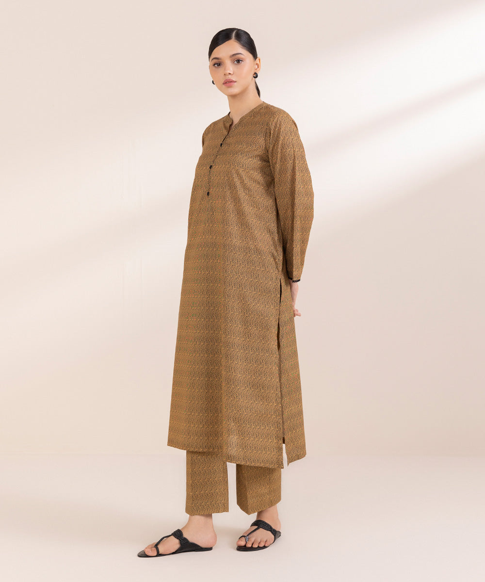 Women's Pret Textured Lawn Printed Brown A-Line Shirt