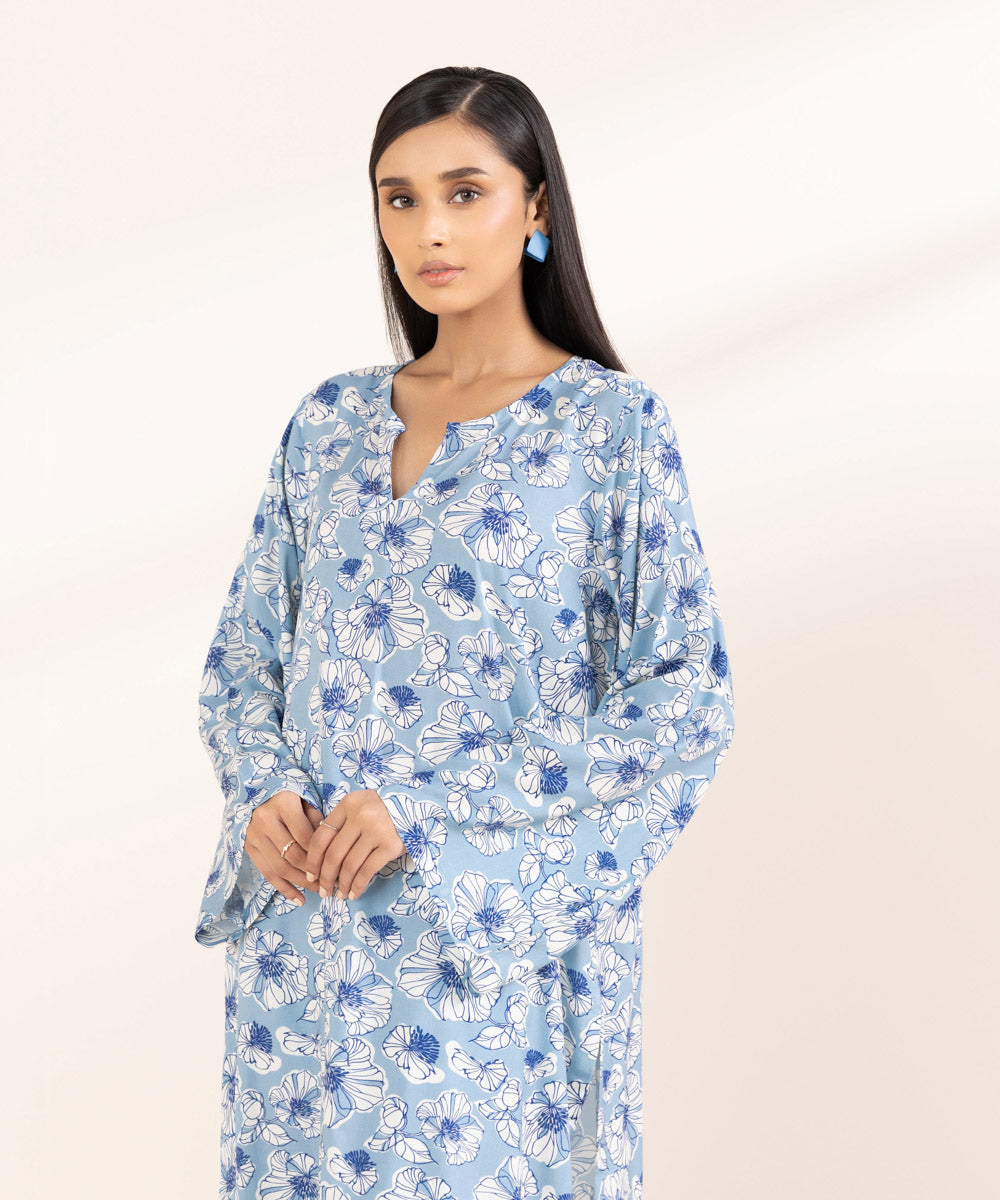 Women's Pret Arabic Lawn Printed Blue A-Line Shirt