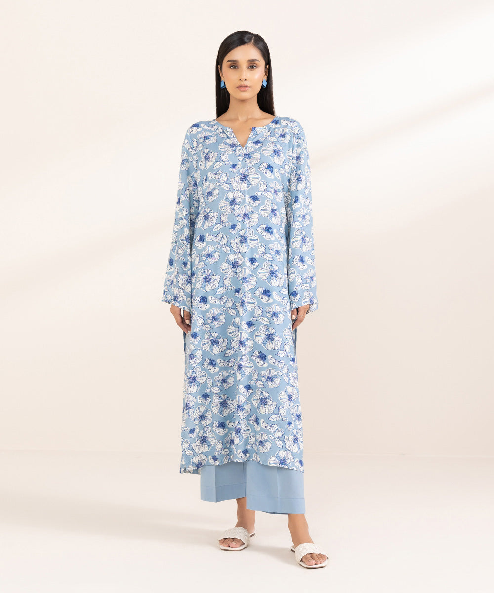 Women's Pret Arabic Lawn Printed Blue A-Line Shirt