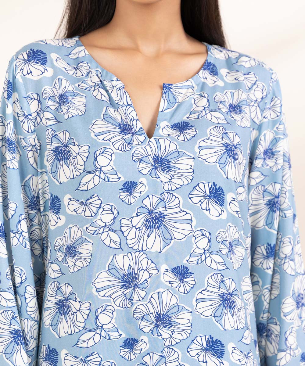 Women's Pret Arabic Lawn Printed Blue A-Line Shirt