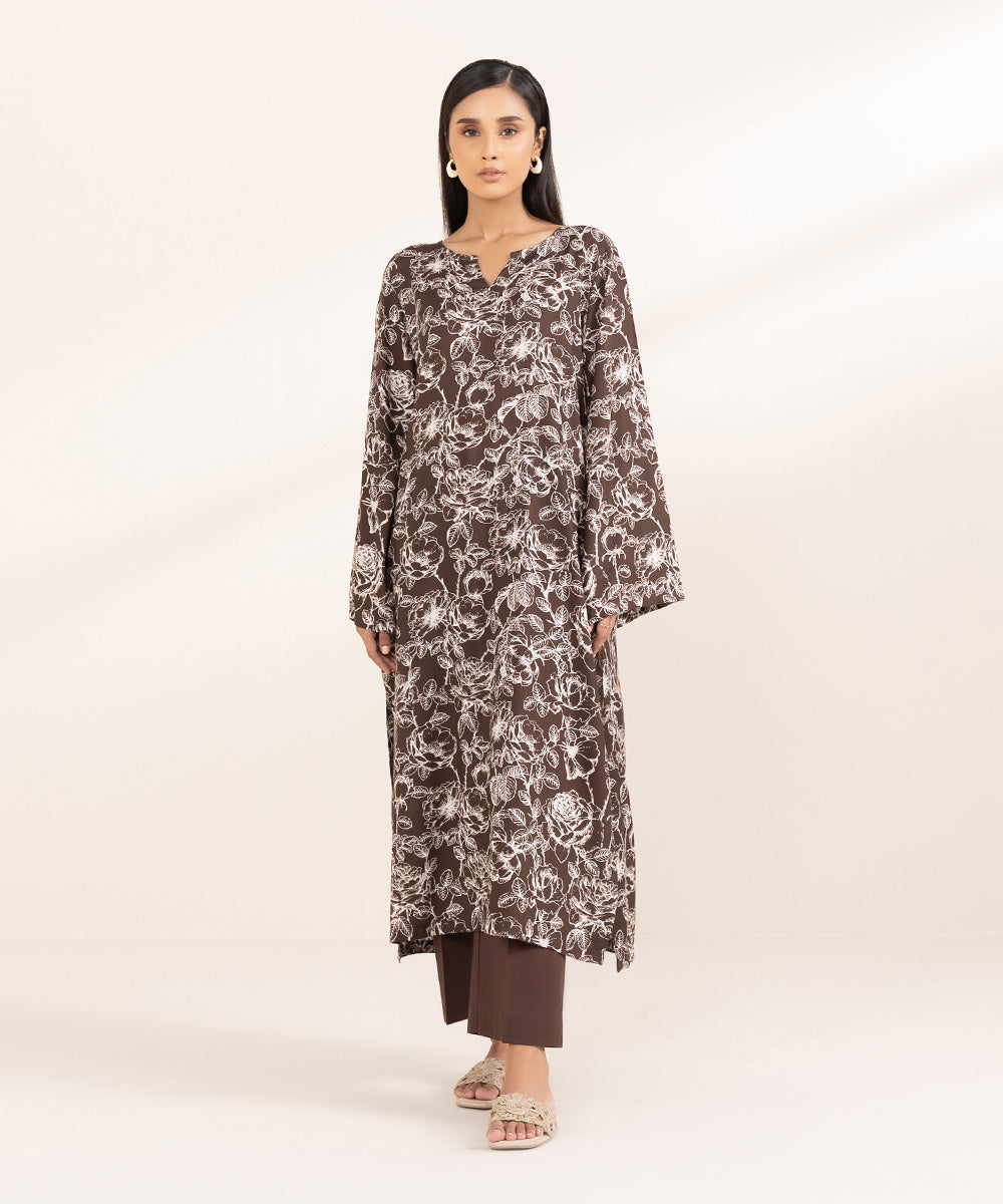 Women's Pret Arabic Lawn Printed Brown Straight Shirt