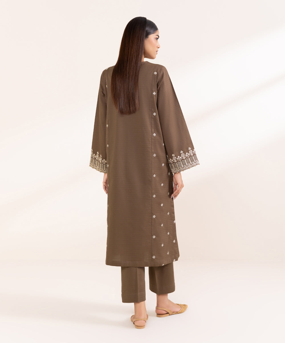 Women's Pret Dobby Solid Embroidered  Brown A-Line Shirt