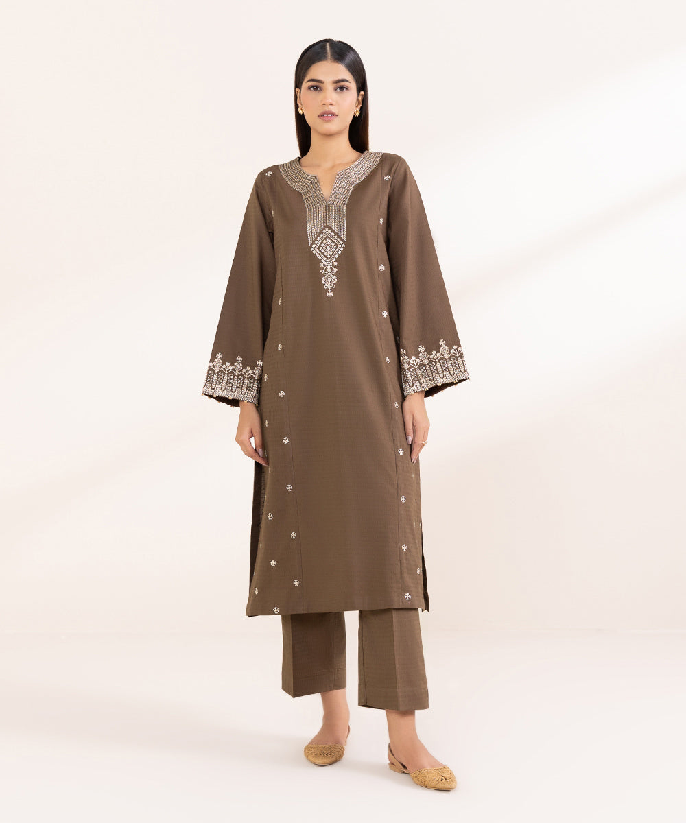 Women's Pret Dobby Solid Embroidered  Brown A-Line Shirt