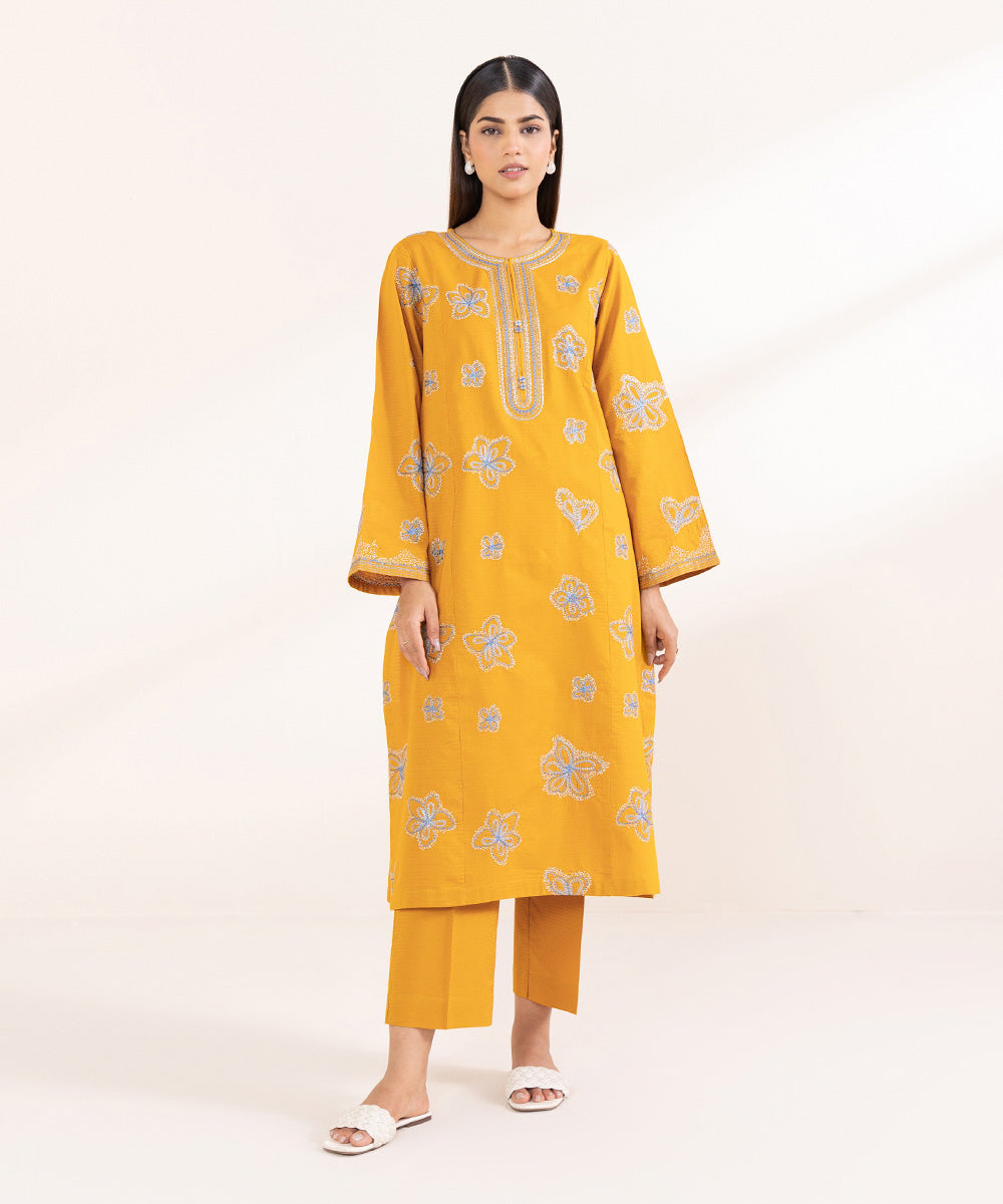 Women's Pret Dobby Solid Embroidered Yellow A-Line Shirt