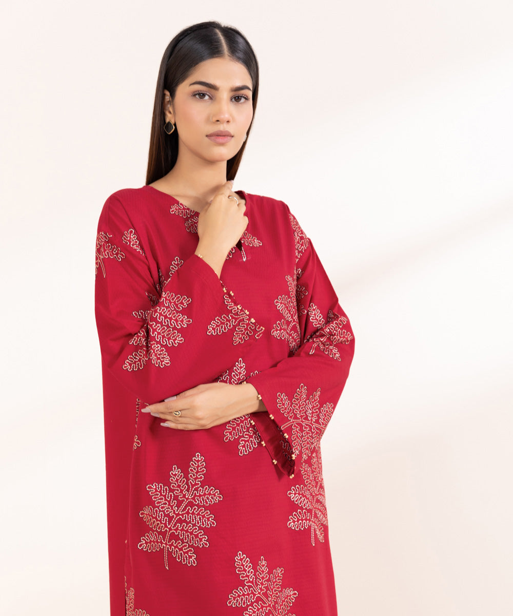 Women's Pret Dobby Solid Embroidered Red Boxy Shirt