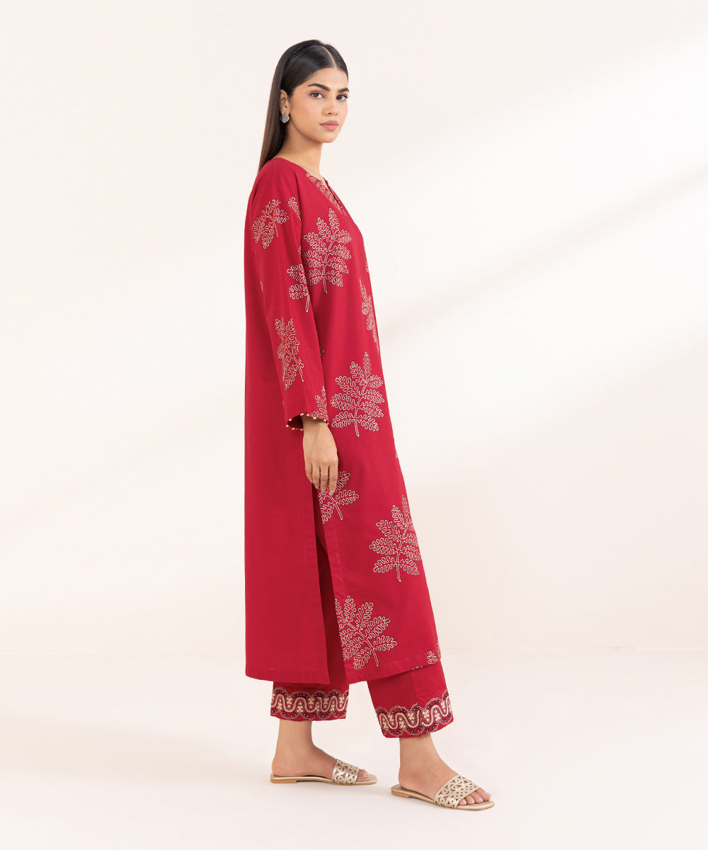 Women's Pret Dobby Solid Embroidered Red Boxy Shirt