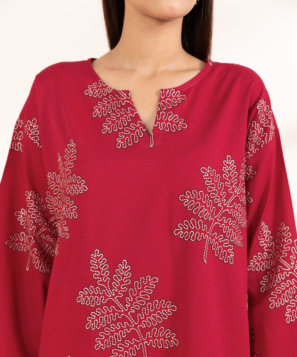 Women's Pret Dobby Solid Embroidered Red Boxy Shirt