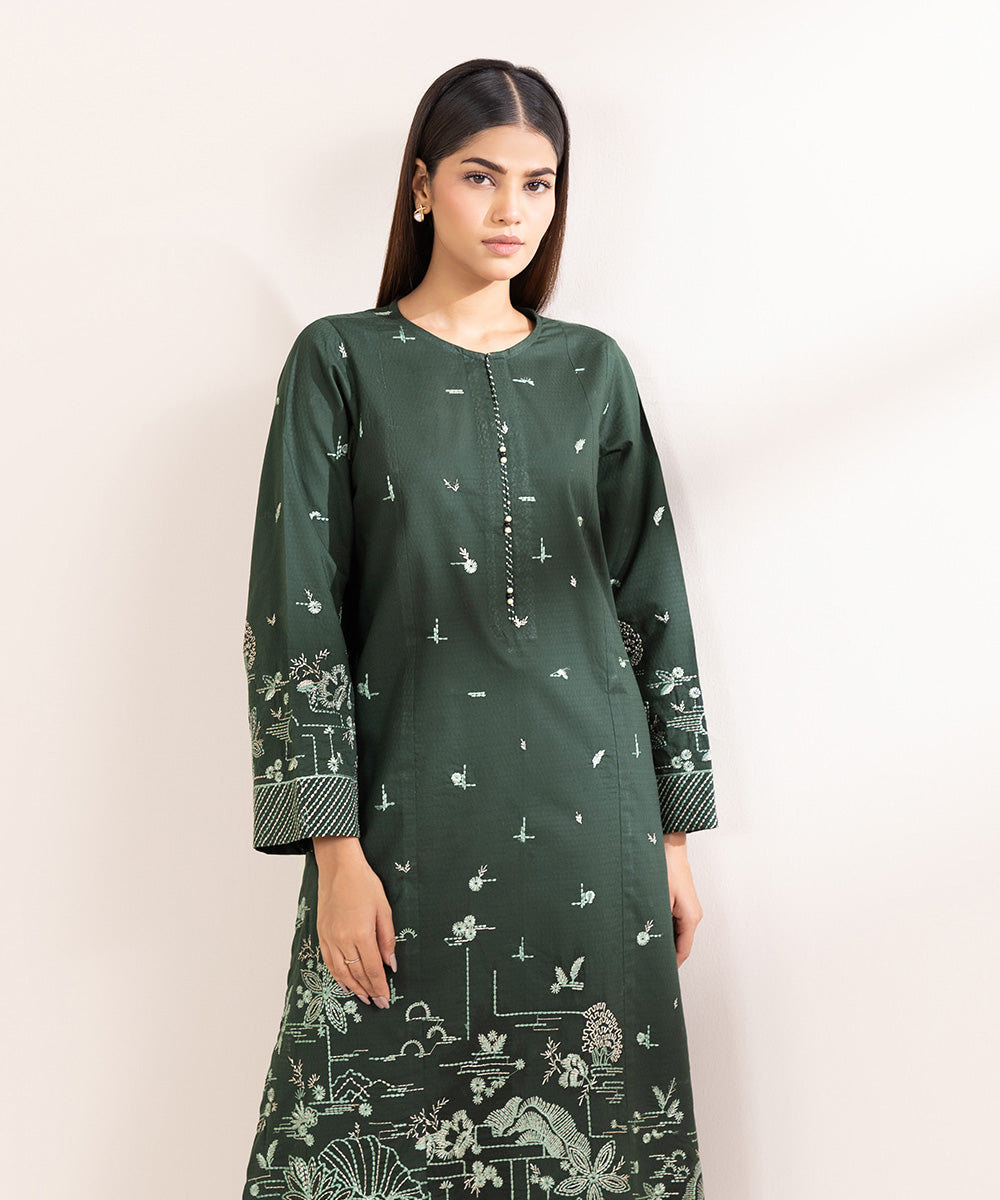 Women's Pret Dobby Solid Embroidered Green A-Line Shirt