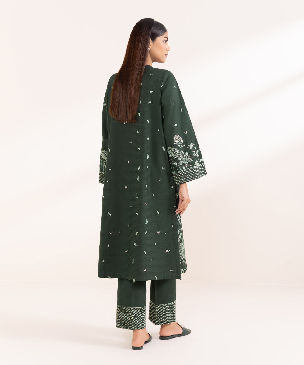 Women's Pret Dobby Solid Embroidered Green A-Line Shirt