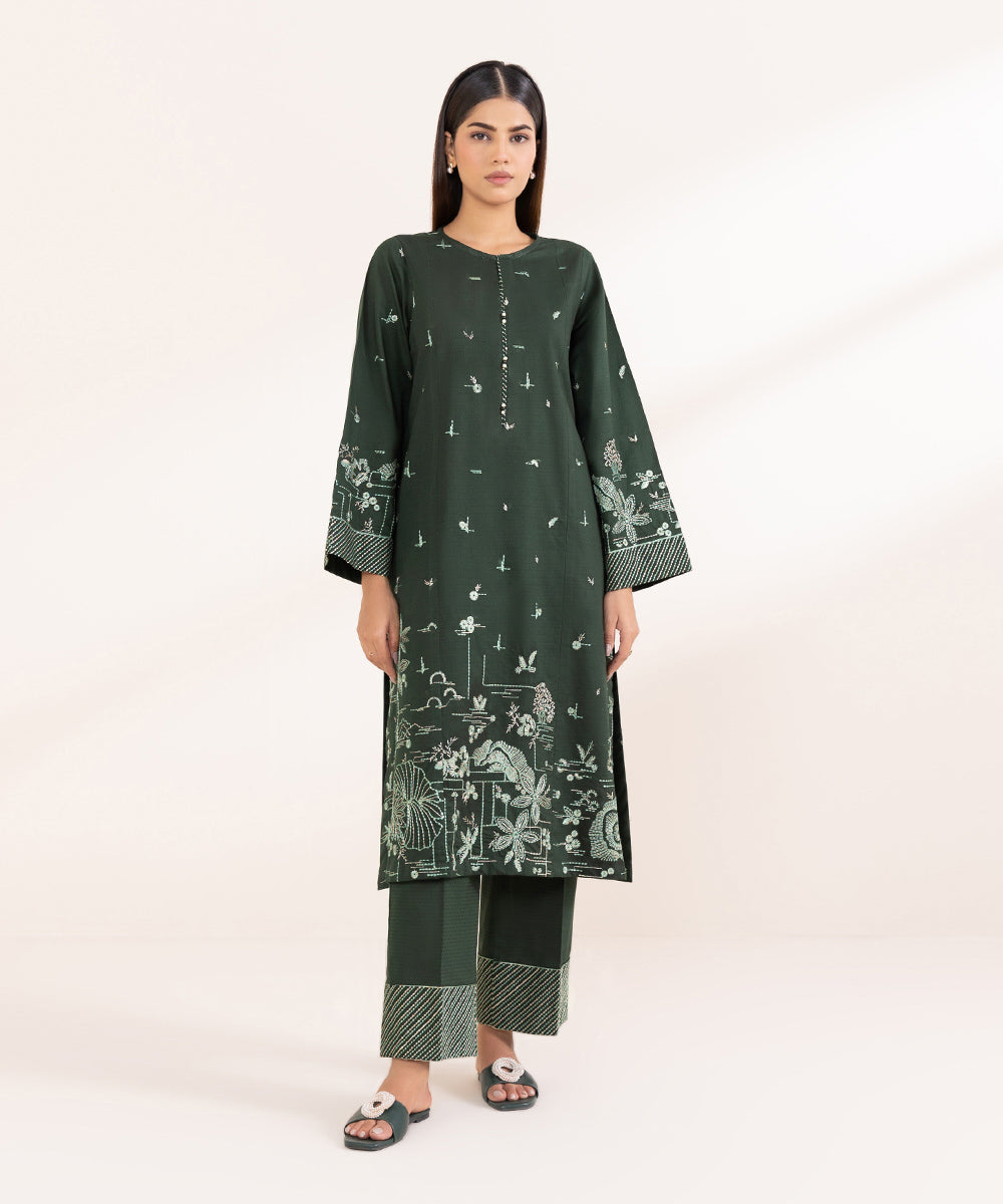 Women's Pret Dobby Solid Embroidered Green A-Line Shirt