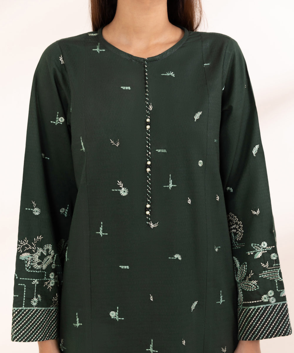 Women's Pret Dobby Solid Embroidered Green A-Line Shirt