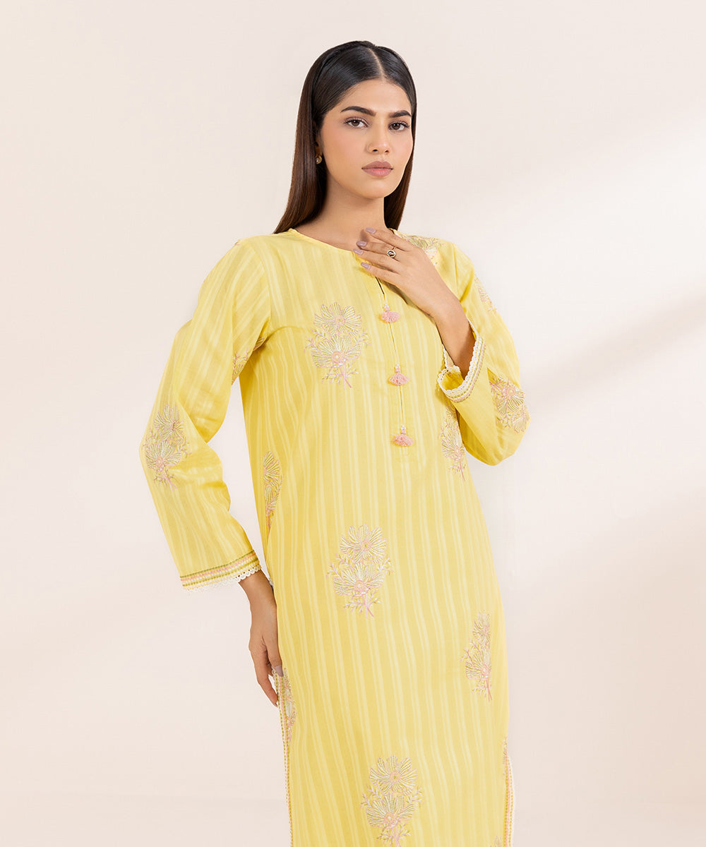 Women's Pret Dobby Solid Embroidered Yellow A-Line Shirt