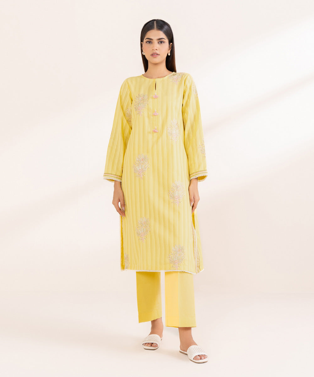 Women's Pret Dobby Solid Embroidered Yellow A-Line Shirt