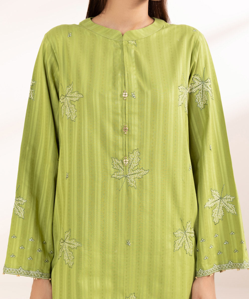 Women's Pret Dobby Solid Embroidered Green Straight Shirt