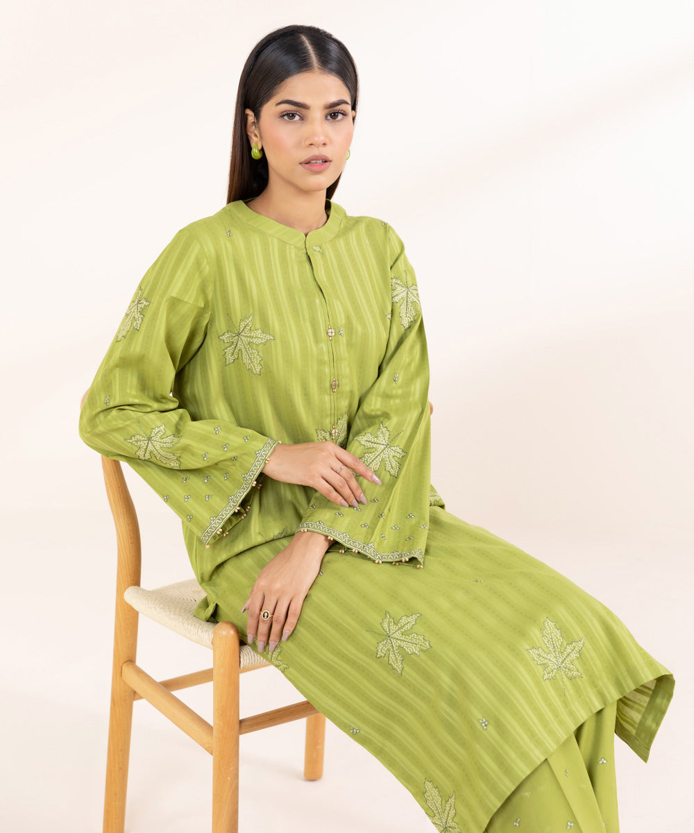 Women's Pret Dobby Solid Embroidered Green Straight Shirt