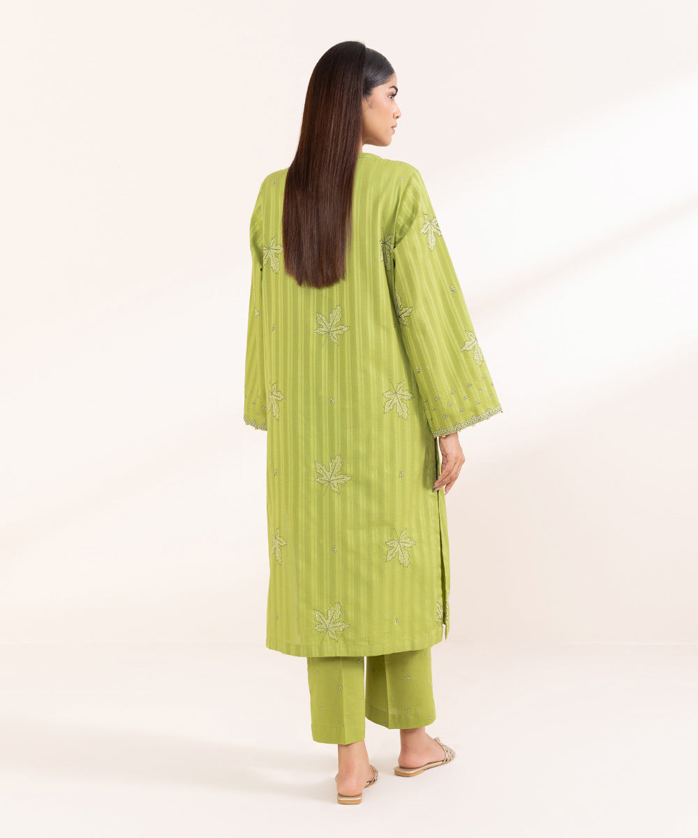 Women's Pret Dobby Solid Embroidered Green Straight Shirt