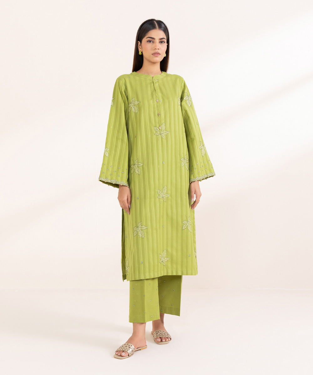 Women's Pret Dobby Solid Embroidered Green Straight Shirt