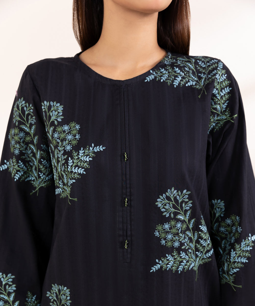 Women's Pret Dobby Solid Embroidered Black Straight Shirt