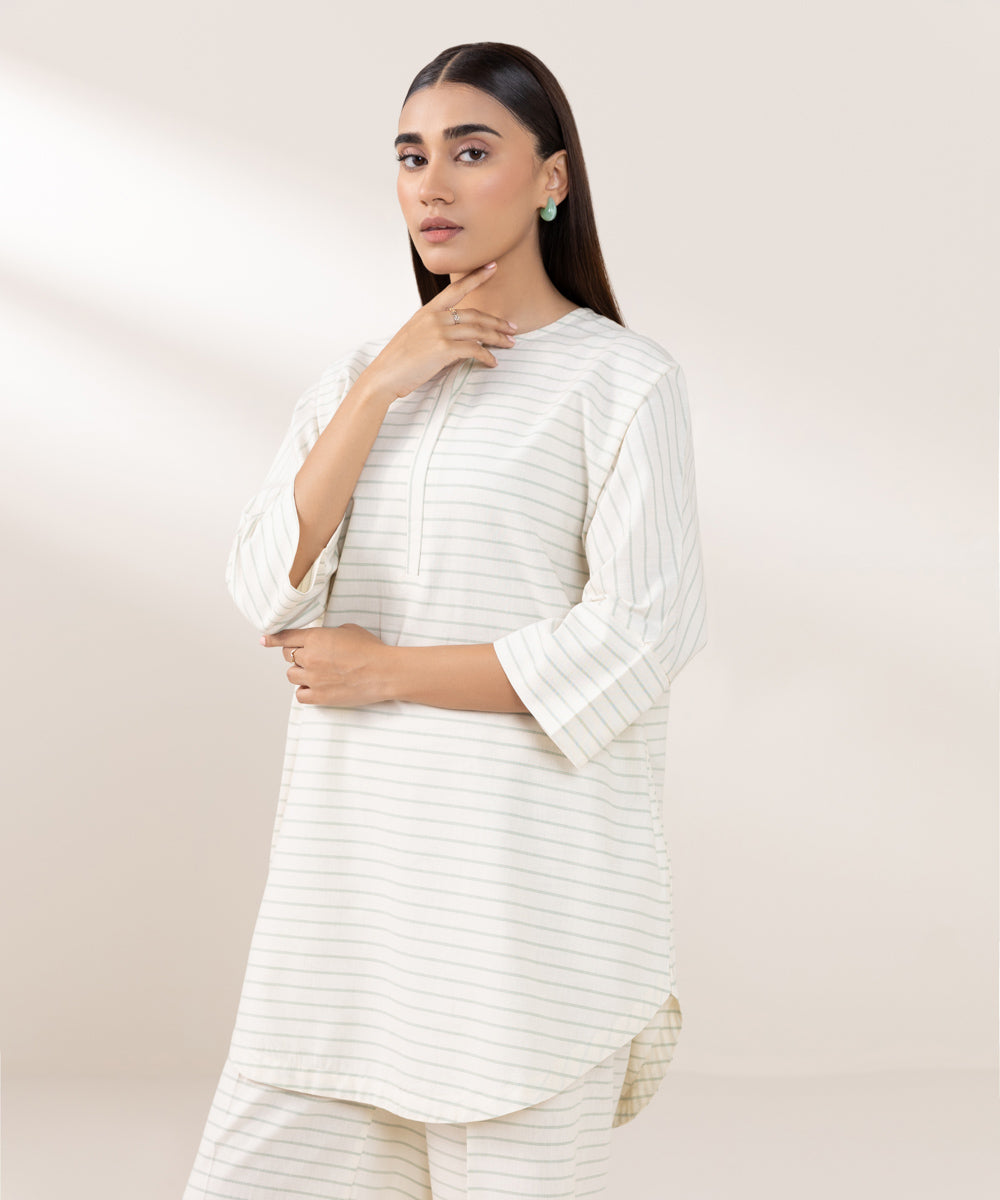 Women's Pret Yarn Dyed Cotton Solid Off White Drop Shoulder Shirt