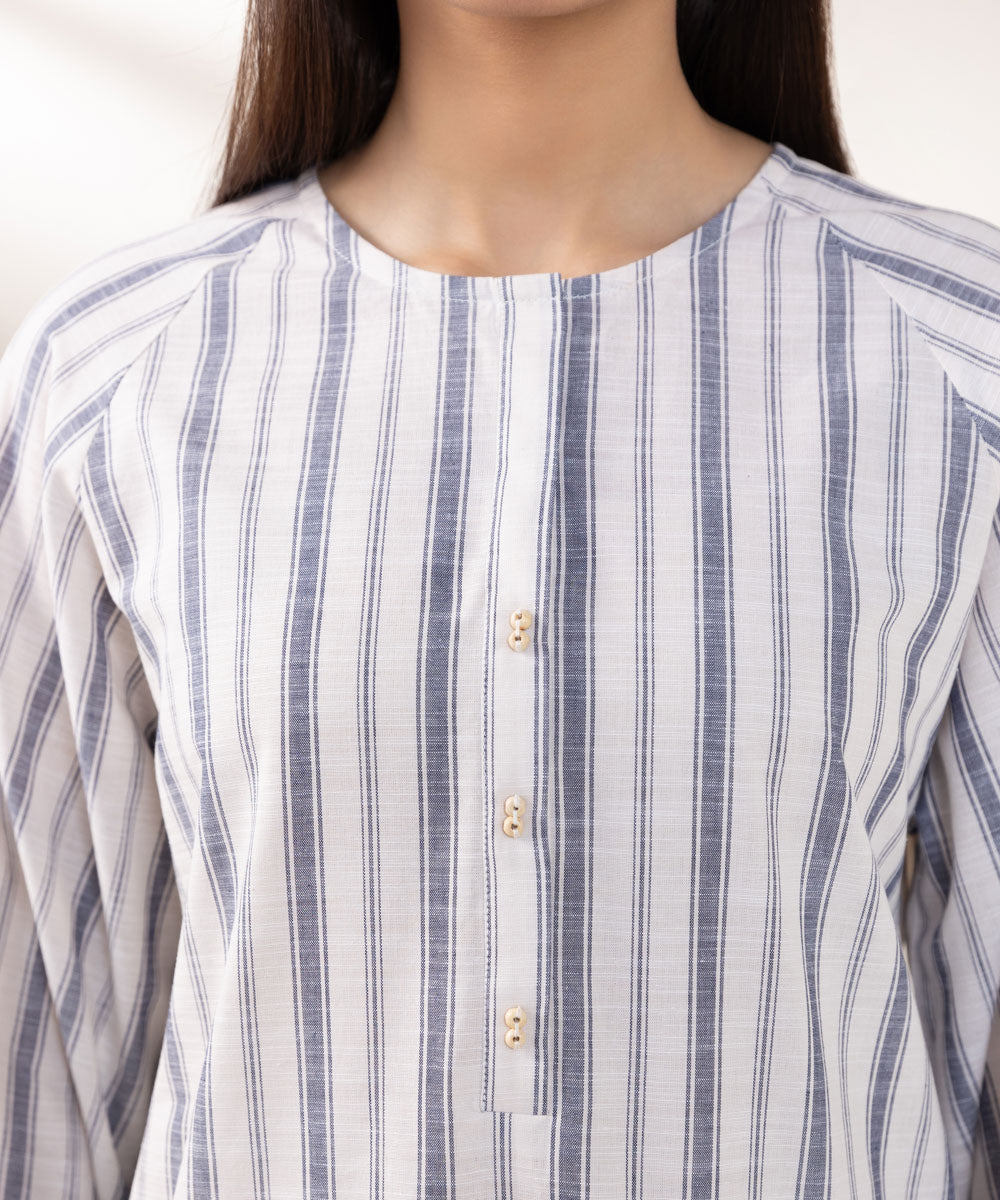 Women's Pret Yarn Dyed Cotton Embroidered Blue Boxy Shirt