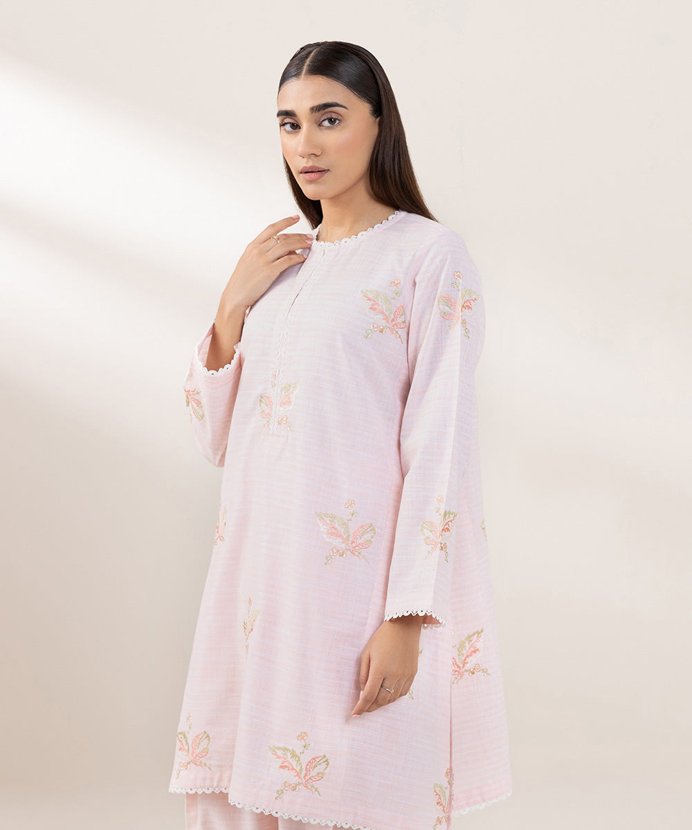 Women's Pret Yarn Dyed Cotton Embroidered Pink A-line Shirt