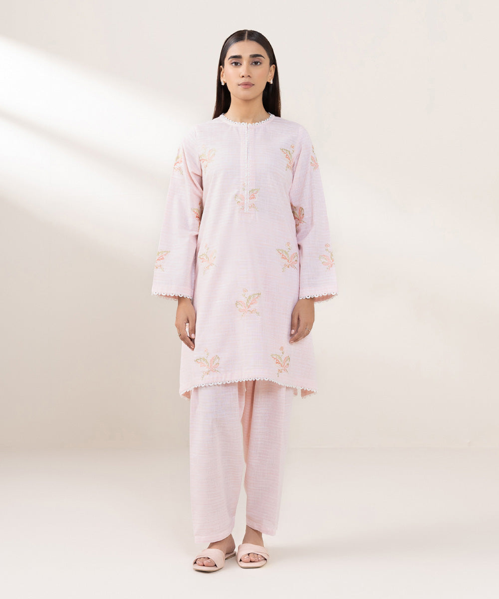 Women's Pret Yarn Dyed Cotton Embroidered Pink A-line Shirt