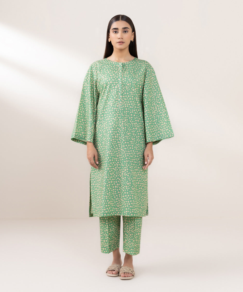 Women's Pret Cambric Printed Green Straight Shirt