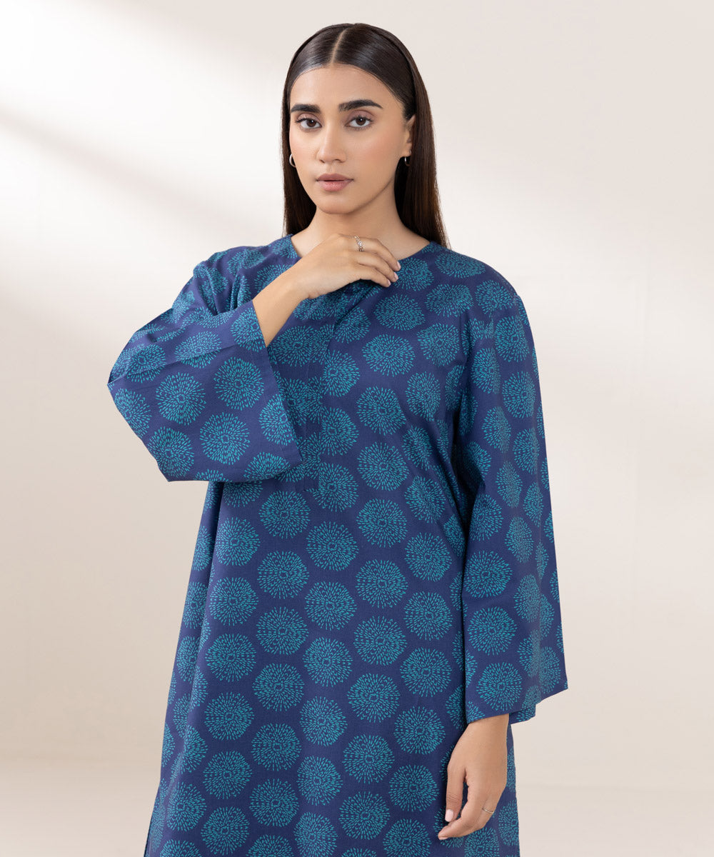 Women's Pret Cambric Printed Blue Straight Shirt