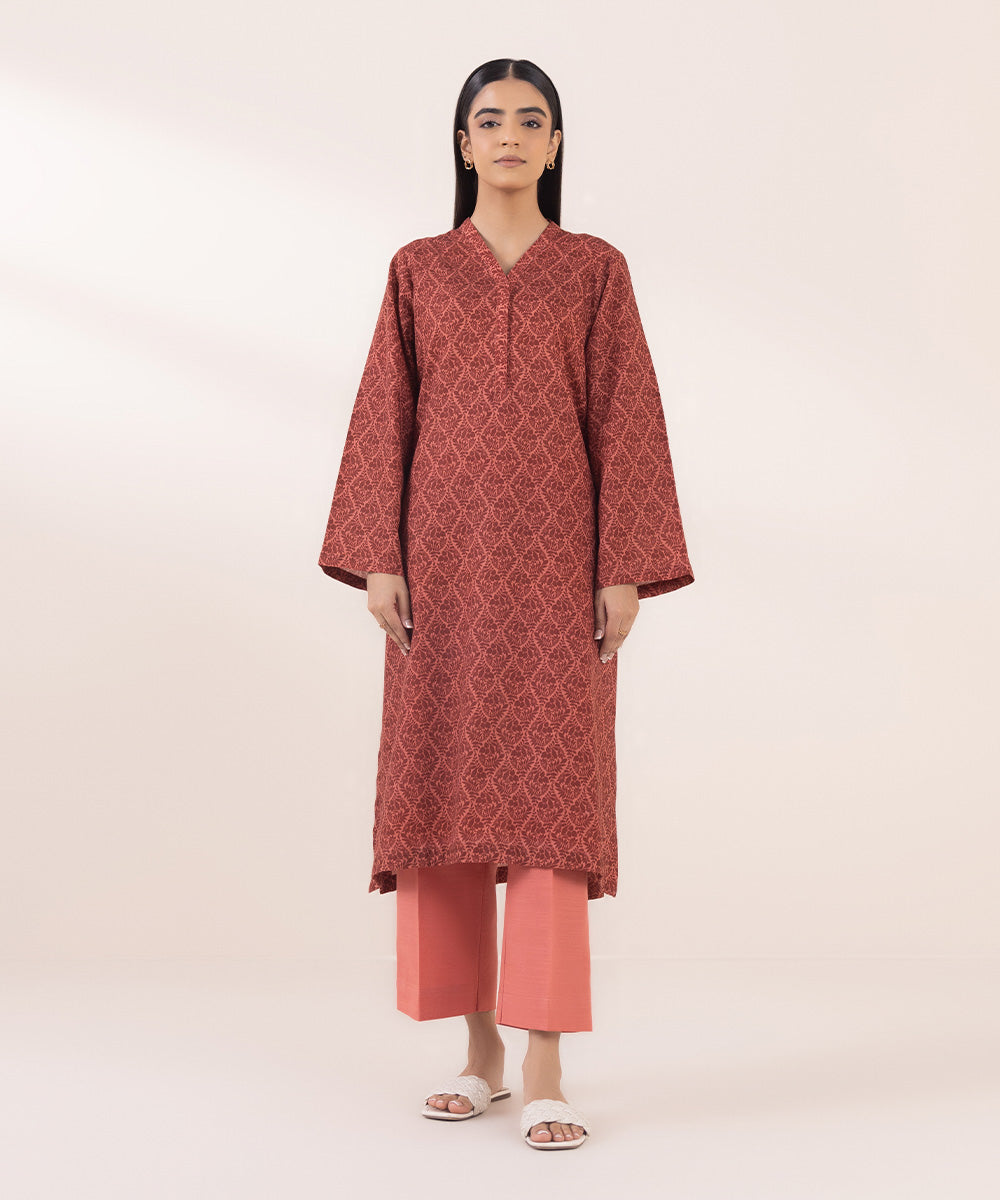 Women's Pret Khaddar Red Printed A-Line Shirt