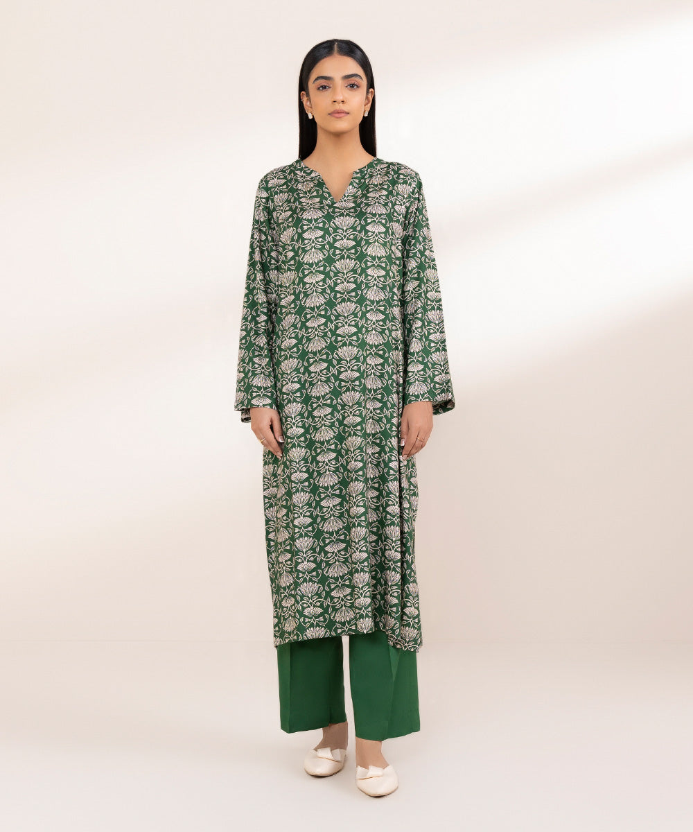 Women's Pret Linen Green Printed A-Line Shirt