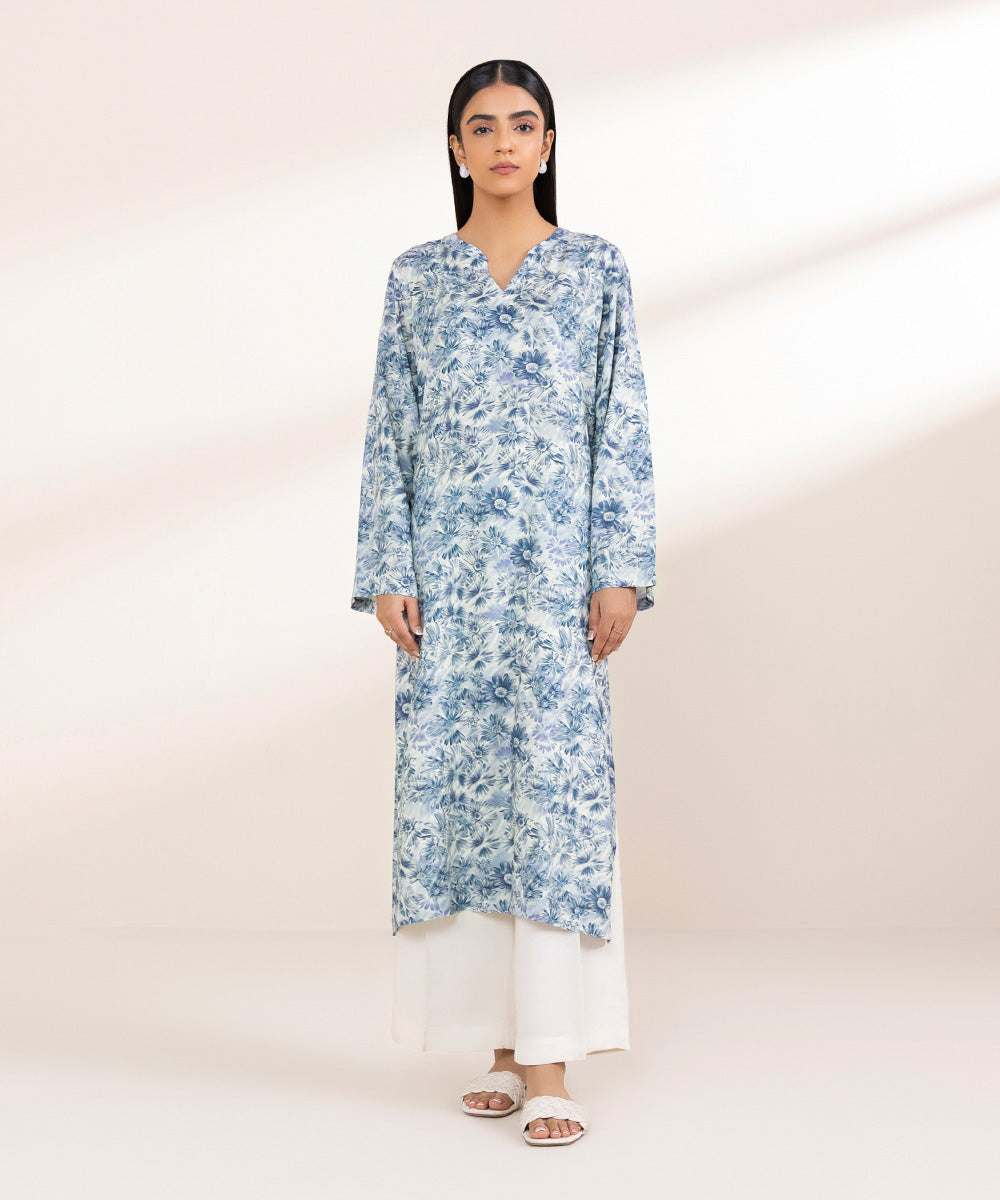 Women's Pret Linen Blue Printed A-Line Shirt